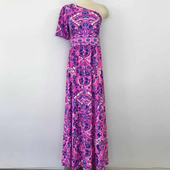 Lilly Pulitzer Solana One Shoulder Maxi Dress Havana Pink Turtle Tidepool L - Picture 2 of 12